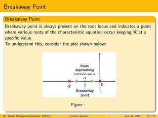 Breakaway Point
Breakaway Point
Breakaway point is always present on the root locus and indicates a point
where various roots of the characteristic equation occur keeping K at a
specific value.
To understand this, consider the plot shown below:
Figure :
Dr. Nilesh Bhaskarrao Bahadure (PhD) Control System June 29, 2021 27 / 81
 