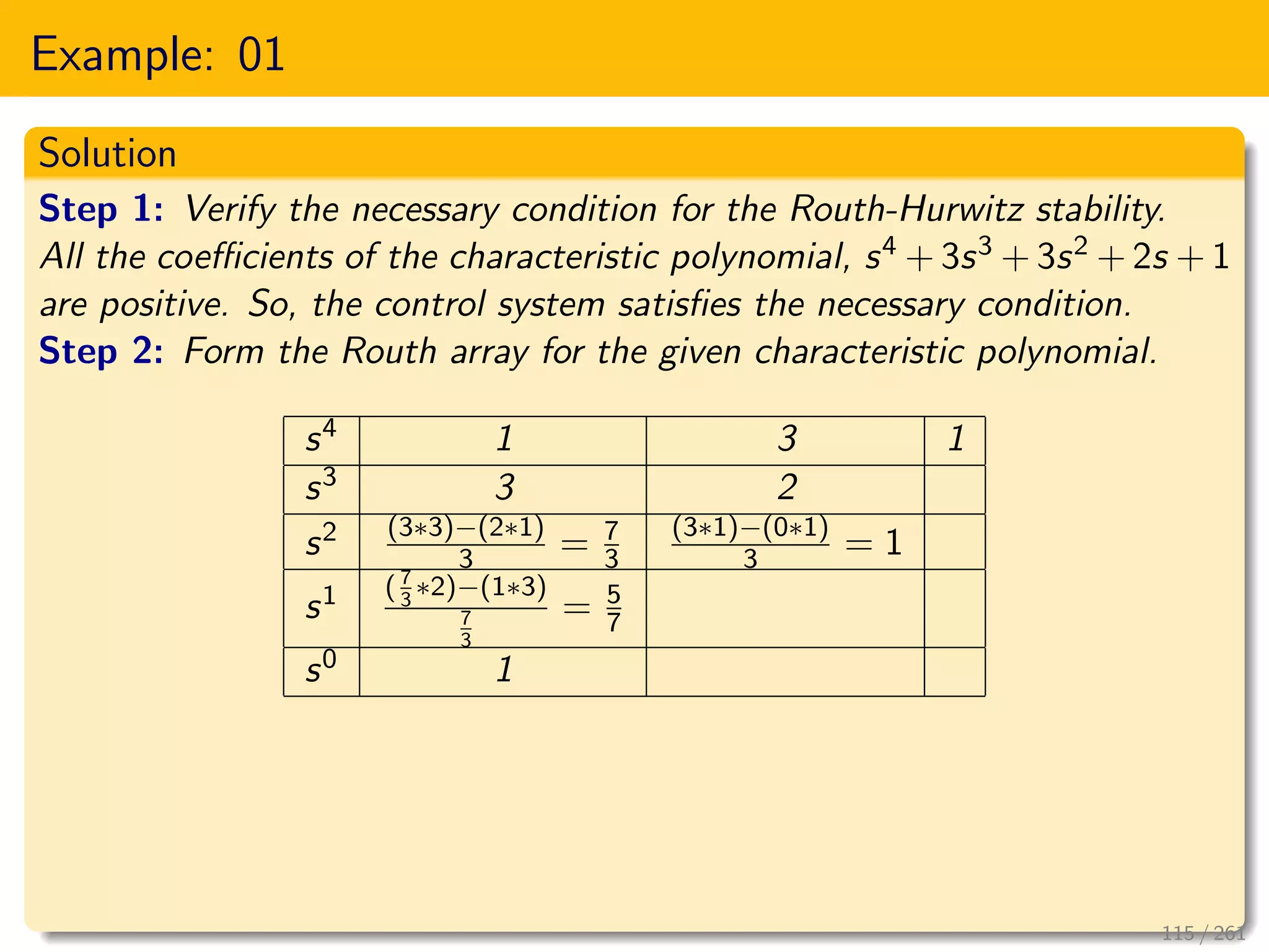 Example: 01
Solution
Step 1: Verify the necessary condition for the Routh-Hurwitz stability.
All the coefficients of the characteristic polynomial, s4 + 3s3 + 3s2 + 2s + 1
are positive. So, the control system satisfies the necessary condition.
Step 2: Form the Routh array for the given characteristic polynomial.
s4 1 3 1
s3 3 2
s2 (3∗3)−(2∗1)
3 = 7
3
(3∗1)−(0∗1)
3 = 1
s1 ( 7
3
∗2)−(1∗3)
7
3
= 5
7
s0 1
115 / 261
 