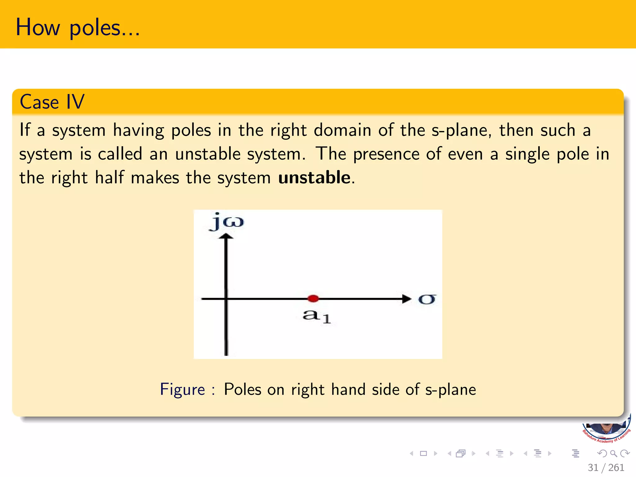 How poles...
Case IV
If a system having poles in the right domain of the s-plane, then such a
system is called an unstable system. The presence of even a single pole in
the right half makes the system unstable.
Figure : Poles on right hand side of s-plane
31 / 261
 
