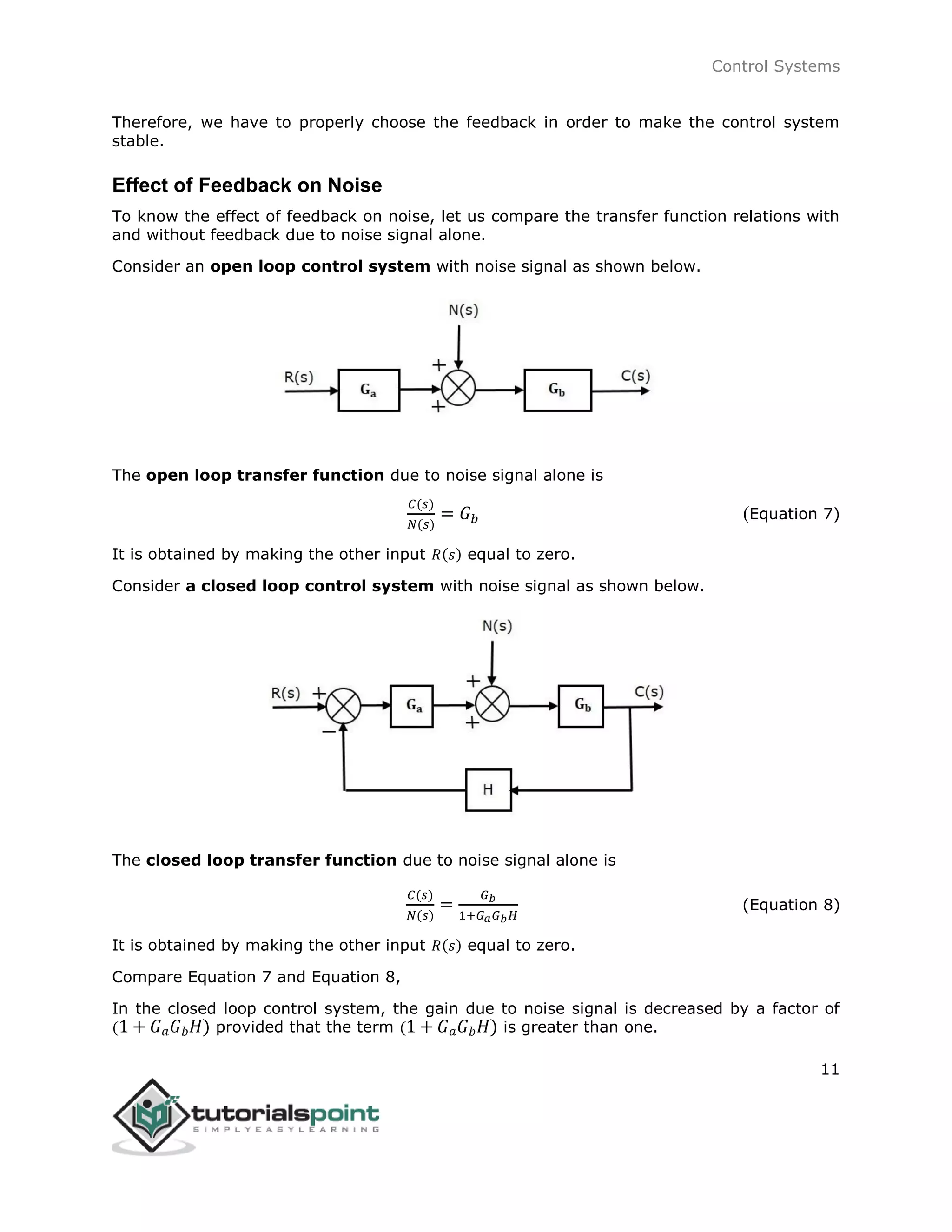 Control Systems
11
Therefore, we have to properly choose the feedback in order to make the control system
stable.
Effect of Feedback on Noise
To know the effect of feedback on noise, let us compare the transfer function relations with
and without feedback due to noise signal alone.
Consider an open loop control system with noise signal as shown below.
The open loop transfer function due to noise signal alone is
𝐶(𝑠)
𝑁(𝑠)
= 𝐺 𝑏 (Equation 7)
It is obtained by making the other input 𝑅(𝑠) equal to zero.
Consider a closed loop control system with noise signal as shown below.
The closed loop transfer function due to noise signal alone is
𝐶(𝑠)
𝑁(𝑠)
=
𝐺 𝑏
1+𝐺 𝑎 𝐺 𝑏 𝐻
(Equation 8)
It is obtained by making the other input 𝑅(𝑠) equal to zero.
Compare Equation 7 and Equation 8,
In the closed loop control system, the gain due to noise signal is decreased by a factor of
(1 + 𝐺 𝑎 𝐺 𝑏 𝐻) provided that the term (1 + 𝐺 𝑎 𝐺 𝑏 𝐻) is greater than one.
 