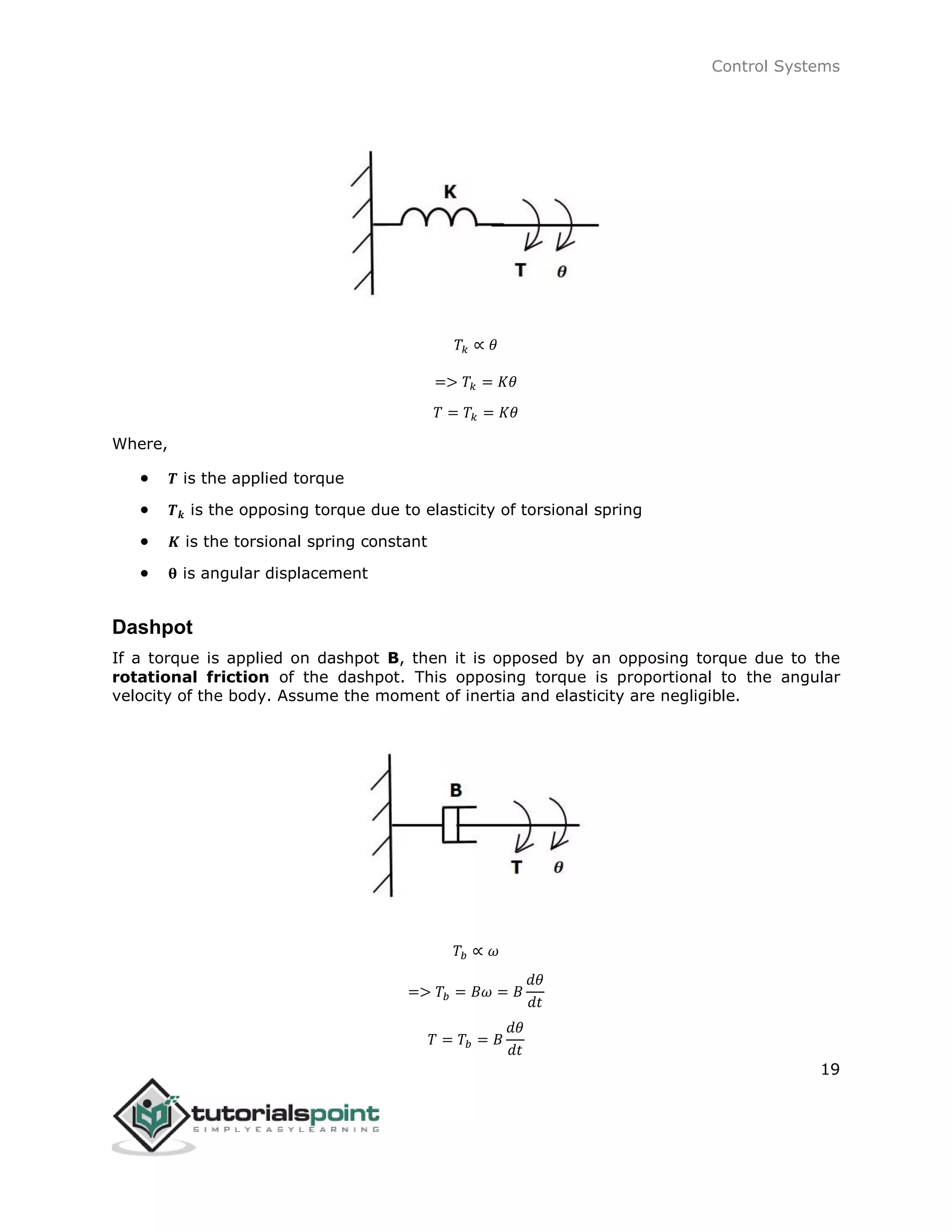 Control Systems
19
𝑇𝑘 ∝ 𝜃
=> 𝑇𝑘 = 𝐾𝜃
𝑇 = 𝑇𝑘 = 𝐾𝜃
Where,
 𝑻 is the applied torque
 𝑻 𝒌 is the opposing torque due to elasticity of torsional spring
 𝑲 is the torsional spring constant
 𝛉 is angular displacement
Dashpot
If a torque is applied on dashpot B, then it is opposed by an opposing torque due to the
rotational friction of the dashpot. This opposing torque is proportional to the angular
velocity of the body. Assume the moment of inertia and elasticity are negligible.
𝑇𝑏 ∝ 𝜔
=> 𝑇𝑏 = 𝐵𝜔 = 𝐵
𝑑𝜃
𝑑𝑡
𝑇 = 𝑇𝑏 = 𝐵
𝑑𝜃
𝑑𝑡
 