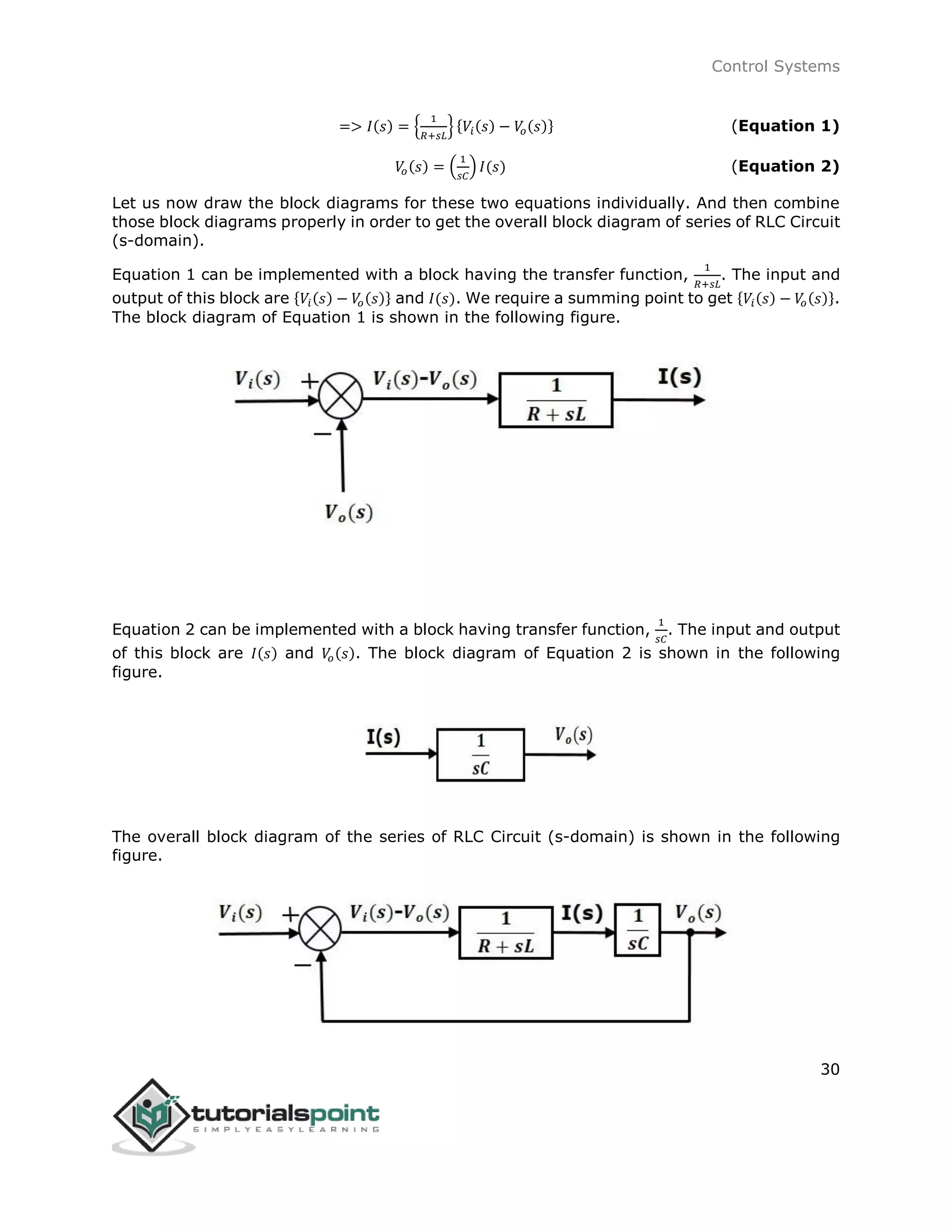 Control Systems
30
=> 𝐼(𝑠) = {
1
𝑅+𝑠𝐿
} {𝑉𝑖(𝑠) − 𝑉𝑜(𝑠)} (Equation 1)
𝑉𝑜(𝑠) = (
1
𝑠𝐶
) 𝐼(𝑠) (Equation 2)
Let us now draw the block diagrams for these two equations individually. And then combine
those block diagrams properly in order to get the overall block diagram of series of RLC Circuit
(s-domain).
Equation 1 can be implemented with a block having the transfer function,
1
𝑅+𝑠𝐿
. The input and
output of this block are {𝑉𝑖(𝑠) − 𝑉𝑜(𝑠)} and 𝐼(𝑠). We require a summing point to get {𝑉𝑖(𝑠) − 𝑉𝑜(𝑠)}.
The block diagram of Equation 1 is shown in the following figure.
Equation 2 can be implemented with a block having transfer function,
1
𝑠𝐶
. The input and output
of this block are 𝐼(𝑠) and 𝑉𝑜(𝑠). The block diagram of Equation 2 is shown in the following
figure.
The overall block diagram of the series of RLC Circuit (s-domain) is shown in the following
figure.
 