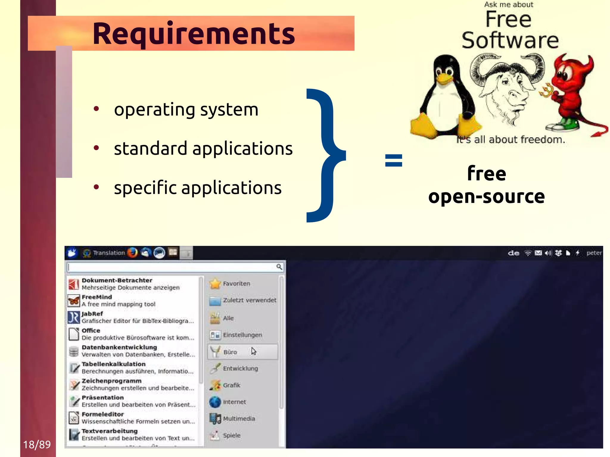 18/89
Requirements
• operating system
• standard applications
• specific applications } = free
open-source
 