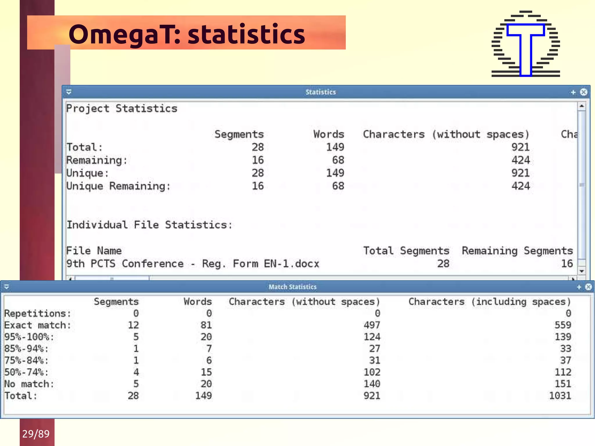 29/89
OmegaT: statistics
 