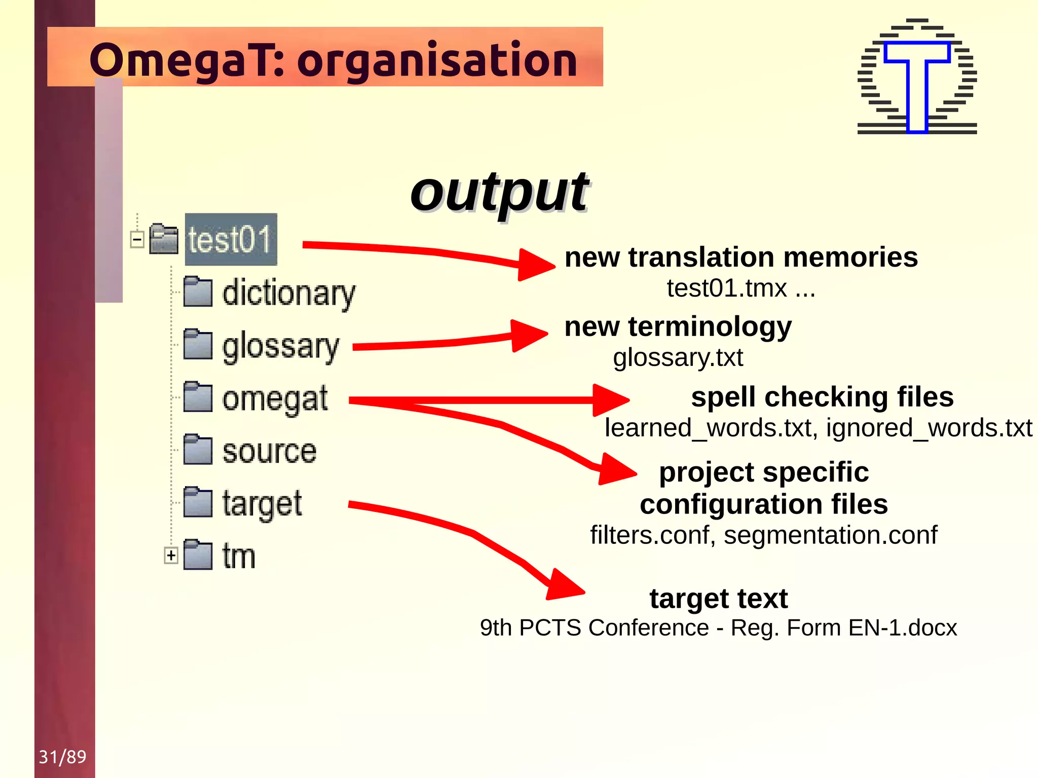 31/89
OmegaT: organisation
new terminology
glossary.txt
target text
9th PCTS Conference - Reg. Form EN-1.docx
project specific
configuration files
filters.conf, segmentation.conf
new translation memories
test01.tmx ...
outputoutput
spell checking files
learned_words.txt, ignored_words.txt
 