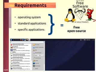 18/89
Requirements
• operating system
• standard applications
• specific applications } = free
open-source
 