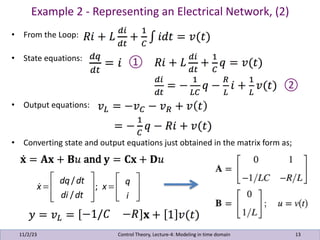 Example 2 - Representing an Electrical Network, (2)
11/2/23 13
• From the Loop:
• State equations:
• Output equations:
• Converting state and output equations just obtained in the matrix form as;
Control Theory, Lecture-4: Modeling in time domain
①
②
!
x =
dq/dt
di /dt
⎡
⎣
⎢
⎢
⎤
⎦
⎥
⎥
; x =
q
i
⎡
⎣
⎢
⎢
⎤
⎦
⎥
⎥
 
