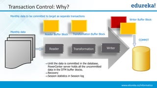 www.edureka.co/informatica
Transaction Control: Why?
Monthly data to be committed to target as separate transactions
Reader Transformation Writer
Writer Buffer Block
Reader Buffer Block Transformation Buffer Block
Monthly data
COMMIT
Until the data is committed in the database,
PowerCenter server holds all the uncommitted
data in the DTM buffer blocks.
Recovery
Session statistics in Session log
 