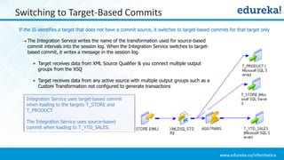 www.edureka.co/informatica
If the IS identifies a target that does not have a commit source, it switches to target-based commits for that target only
Switching to Target-Based Commits
The Integration Service writes the name of the transformation used for source-based
commit intervals into the session log. When the Integration Service switches to target-
based commit, it writes a message in the session log.
» Target receives data from XML Source Qualifier & you connect multiple output
groups from the XSQ
» Target receives data from any active source with multiple output groups such as a
Custom Transformation not configured to generate transactions
Integration Service uses target-based commit
when loading to the targets T_STORE and
T_PRODUCT
The Integration Service uses source-based
commit when loading to T_YTD_SALES.
 