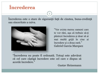 Încrederea
Încrederea este o stare de siguranţă faţă de cinstea, buna-credinţă
sau sinceritate a cuiva.
9
“Încrederea nu poate fi ordonată. Totuşi este adevărat
că cel care câştigă încredere este cel care e dispus să
acorde încredere.”
Gustav Heinemann
“Vor exista mereu oameni care
te vor răni, aşa că trebuie să-ţi
păstrezi încrederea şi doar să ai
mai multă grijă în cine ai
încredere şi a doua oară.”
Gabriel Garcia Marquez
 
