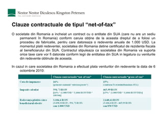 Clauze contractuale de tipul “net-of-tax” O societate din Romania a incheiat un contract cu o entitate din SUA (care nu are un sediu permanent în Romania) conform caruia obţine de la aceasta dreptul de a folosi un procedeu de fabricatie, pentru care datoreaza o redeventa anuala de 1.000 USD. La momentul platii redeventei, societatea din Romania detine certificatul de rezidenta fiscala al beneficiarului din SUA. Contractul stipuleaza ca societatea din Romania va suporta orice taxe care vor fi datorate conform legii de entitatea din SUA in legatura cu veniturile din redevente obtinute de aceasta. In cazul in care societatea din Romania a efectuat plata veniturilor din redevente la data de 6 octombrie 2010: 