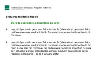 Evaluarea rezidentei fiscale Sfera de cuprindere a impozitului pe venit Impozitul  pe venit -  persoane   fizice rezidente  ( altele dec a t   persoane fizice rezidente rom a ne, cu domiciliul  i n Rom a nia ) asupra  veniturilor ob t inute din Rom a nia   Impozitul  pe venit -  persoane   fizice rezidente  ( altele dec a t   persoane fizice rezidente rom a ne, cu domiciliul  i n Rom a nia ) asupra  veniturilor ob t inute din orice surs a , at a t din Rom a nia, c a t  s i din afara Rom a niei,  i ncepând cu data de 1 ianuarie a anului calendaristic urm a tor anului  i n care ace s tia devin reziden t i  i n Rom a nia  – de la 1 ianuarie 2012 