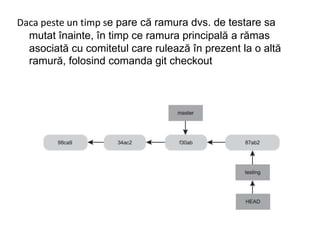 Daca peste un timp se pare că ramura dvs. de testare sa
mutat înainte, în timp ce ramura principală a rămas
asociată cu comitetul care rulează în prezent la o altă
ramură, folosind comanda git checkout
 