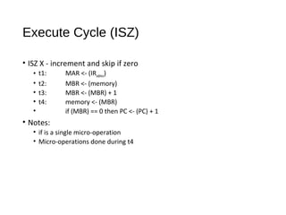 Execute Cycle (ISZ)
• ISZ X - increment and skip if zero
• t1: MAR <- (IRaddress)
• t2: MBR <- (memory)
• t3: MBR <- (MBR) + 1
• t4: memory <- (MBR)
• if (MBR) == 0 then PC <- (PC) + 1
• Notes:
• if is a single micro-operation
• Micro-operations done during t4
 