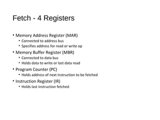 Fetch - 4 Registers
• Memory Address Register (MAR)
• Connected to address bus
• Specifies address for read or write op
• Memory Buffer Register (MBR)
• Connected to data bus
• Holds data to write or last data read
• Program Counter (PC)
• Holds address of next instruction to be fetched
• Instruction Register (IR)
• Holds last instruction fetched
 