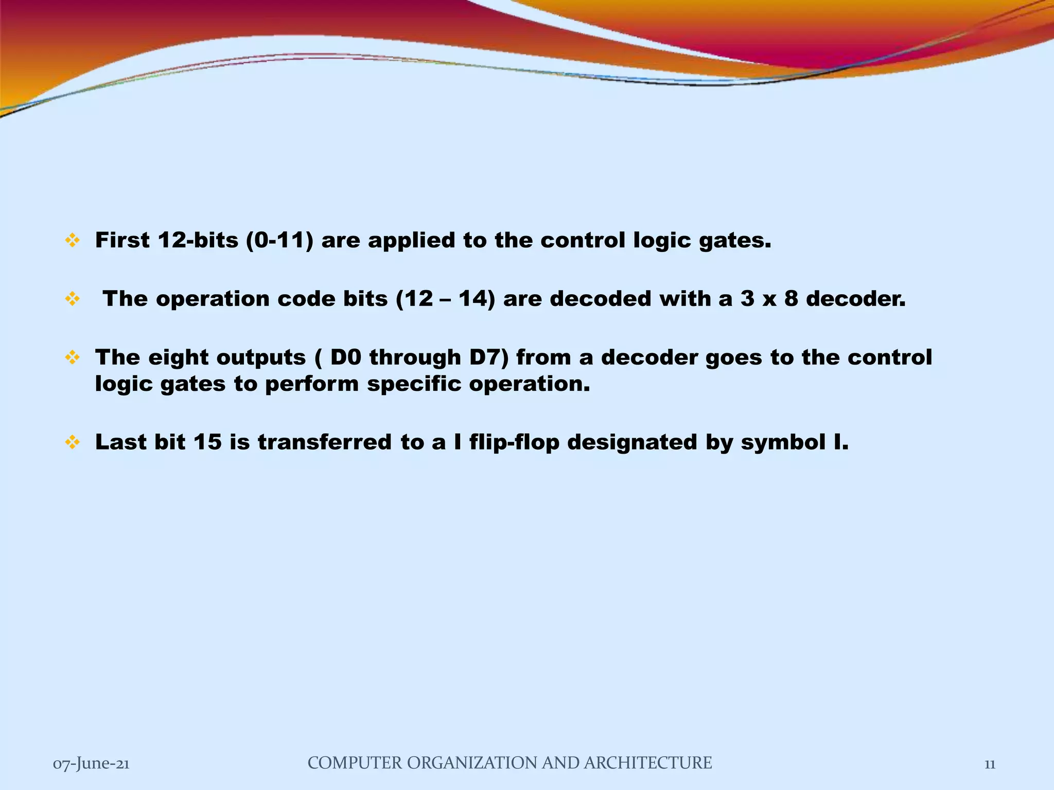  First 12-bits (0-11) are applied to the control logic gates.
 The operation code bits (12 – 14) are decoded with a 3 x 8 decoder.
 The eight outputs ( D0 through D7) from a decoder goes to the control
logic gates to perform specific operation.
 Last bit 15 is transferred to a I flip-flop designated by symbol I.
07-June-21 COMPUTER ORGANIZATION AND ARCHITECTURE 11
 