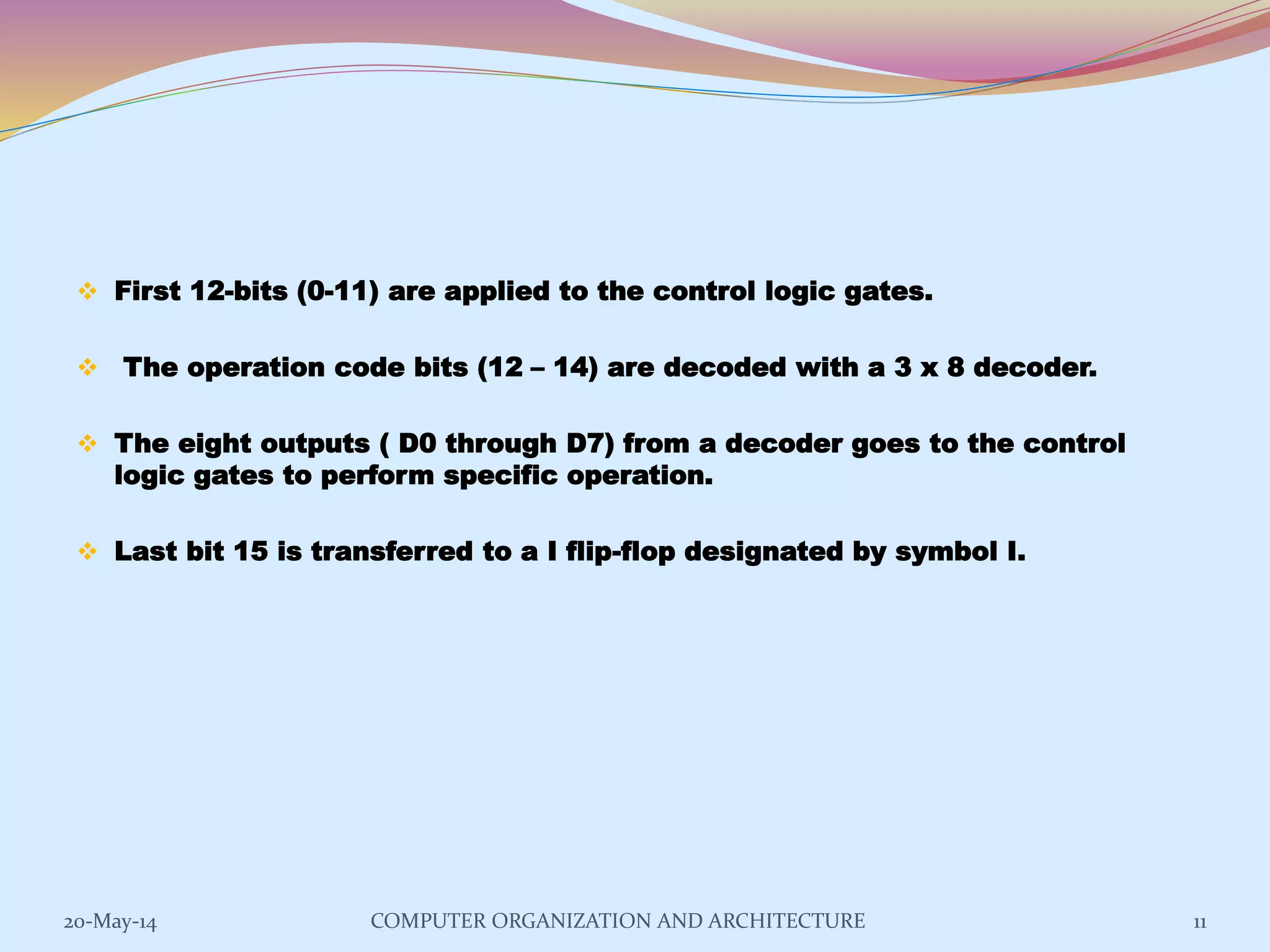  First 12-bits (0-11) are applied to the control logic gates.
 The operation code bits (12 – 14) are decoded with a 3 x 8 decoder.
 The eight outputs ( D0 through D7) from a decoder goes to the control
logic gates to perform specific operation.
 Last bit 15 is transferred to a I flip-flop designated by symbol I.
11COMPUTER ORGANIZATION AND ARCHITECTURE20-May-14
 