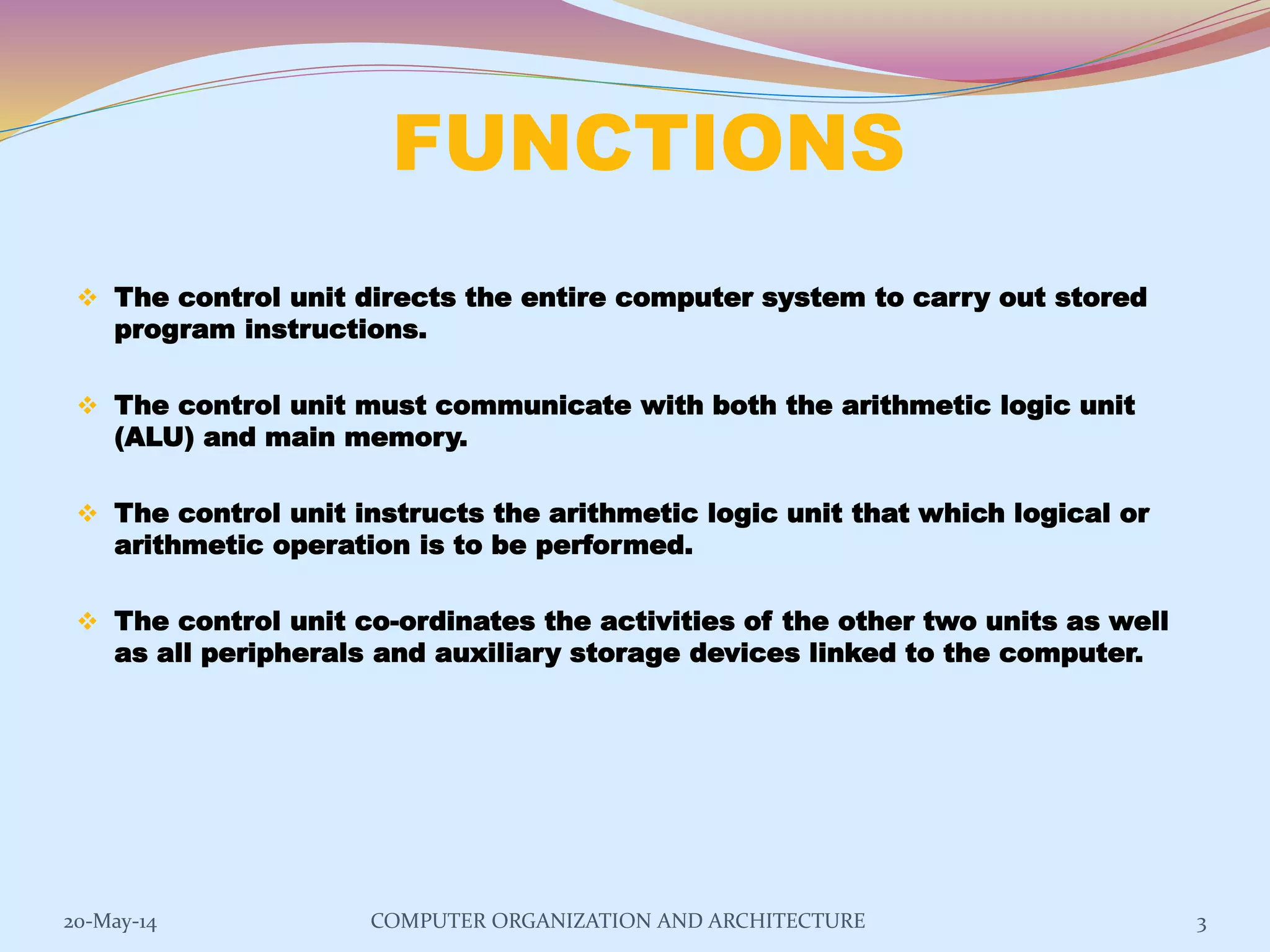 FUNCTIONS
 The control unit directs the entire computer system to carry out stored
program instructions.
 The control unit must communicate with both the arithmetic logic unit
(ALU) and main memory.
 The control unit instructs the arithmetic logic unit that which logical or
arithmetic operation is to be performed.
 The control unit co-ordinates the activities of the other two units as well
as all peripherals and auxiliary storage devices linked to the computer.
3COMPUTER ORGANIZATION AND ARCHITECTURE20-May-14
 