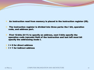 An instruction read from memory is placed in the instruction register (IR).
 The instruction register is divided into three parts: the I bit, operation
code, and address part.
 First 12-bits (0-11) to specify an address, next 3-bits specify the
operation code (opcode) field of the instruction and last left most bit
specify the addressing mode I.
 I = 0 for direct address
 I = 1 for indirect address
10COMPUTER ORGANIZATION AND ARCHITECTURE20-May-14
 