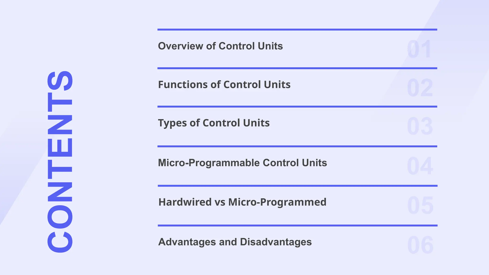 CONTENTS
Overview of Control Units
01
Functions of Control Units
02
Types of Control Units
03
Micro-Programmable Control Units
04
Hardwired vs Micro-Programmed
05
Advantages and Disadvantages
06
 