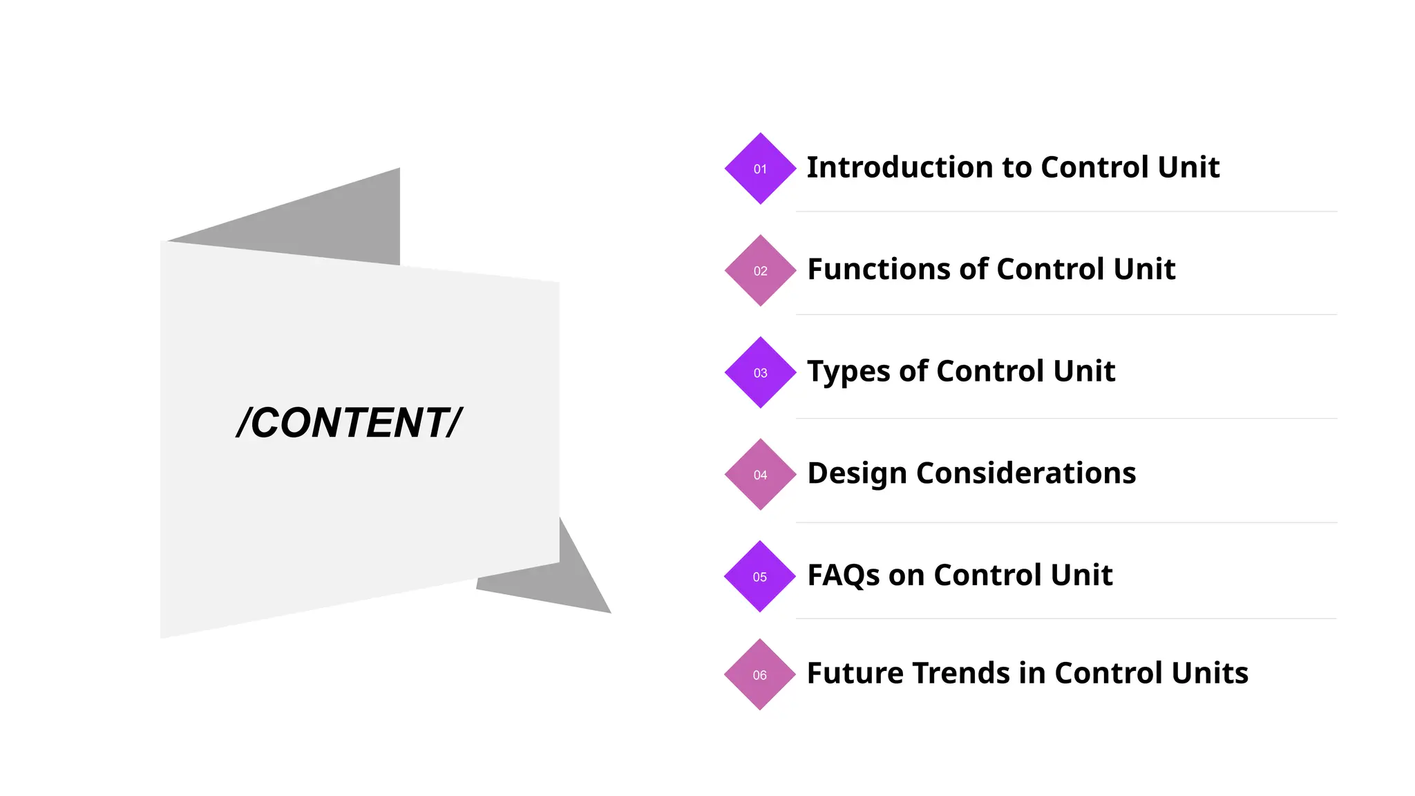 /CONTENT/
05 FAQs on Control Unit
04 Design Considerations
03 Types of Control Unit
02 Functions of Control Unit
01 Introduction to Control Unit
06 Future Trends in Control Units
 