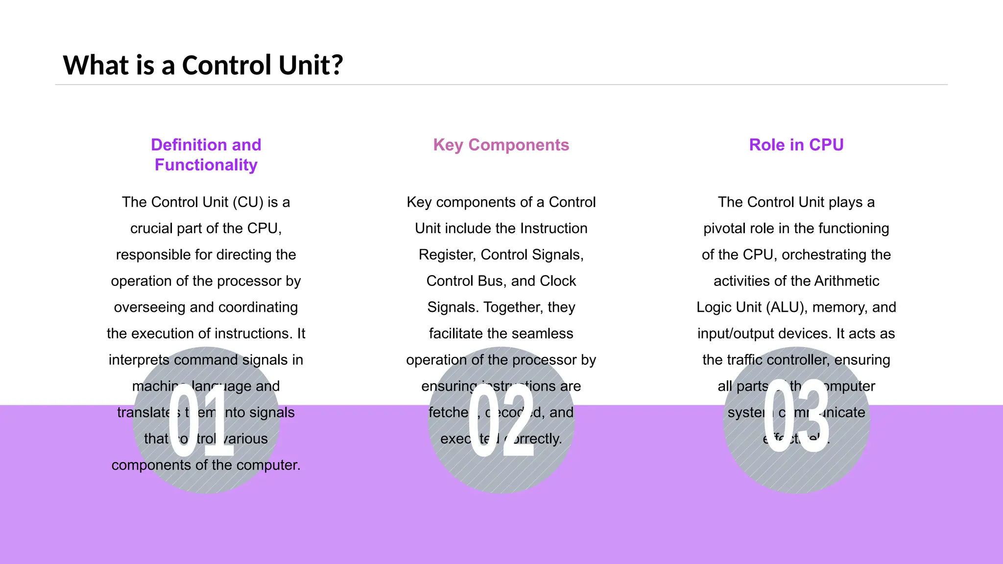 What is a Control Unit?
Definition and
Functionality
The Control Unit (CU) is a
crucial part of the CPU,
responsible for directing the
operation of the processor by
overseeing and coordinating
the execution of instructions. It
interprets command signals in
machine language and
translates them into signals
that control various
components of the computer.
Key Components
Key components of a Control
Unit include the Instruction
Register, Control Signals,
Control Bus, and Clock
Signals. Together, they
facilitate the seamless
operation of the processor by
ensuring instructions are
fetched, decoded, and
executed correctly.
Role in CPU
The Control Unit plays a
pivotal role in the functioning
of the CPU, orchestrating the
activities of the Arithmetic
Logic Unit (ALU), memory, and
input/output devices. It acts as
the traffic controller, ensuring
all parts of the computer
system communicate
effectively.
 
