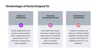 Disadvantages of Poorly-Designed CU
01
A poorly-designed Control Unit
can lead to excessive pipeline
stalls, increased latency, and a
general reduction in CPU
performance, hindering overall
system capabilities.
02
Such designs often introduce
unnecessary complexity, making
systems harder to manufacture
and maintain. This can elevate
costs and complicate
troubleshooting processes.
03
Limitations on instruction sets
might occur, leading to restricted
capabilities in handling complex
operations, which hinders the
adaptability of the CPU to new
applications.
Impact on
Performance
Increased
Complexity and Cost
Limitations on
Functionality
 