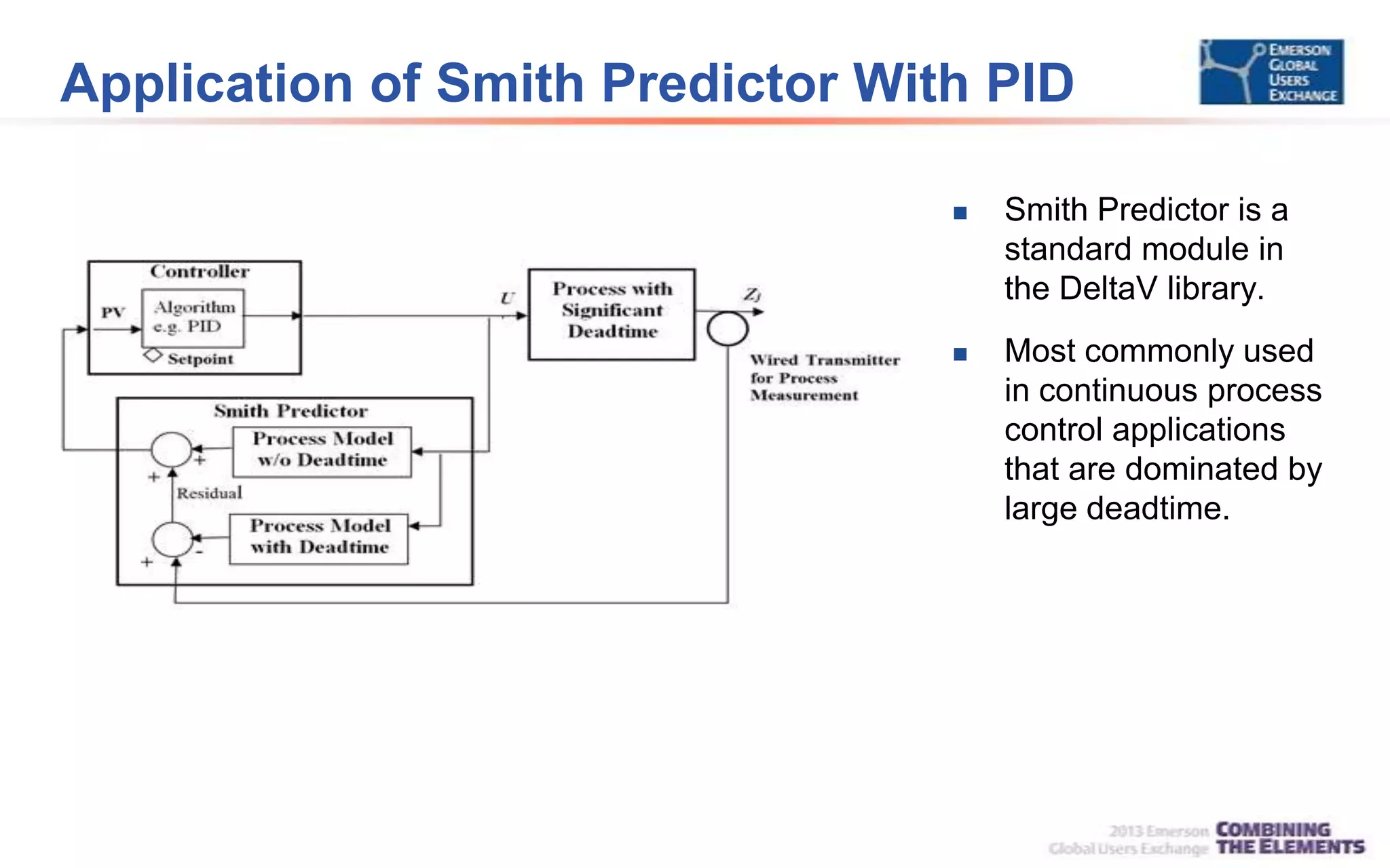 Application of Smith Predictor With PID
 Smith Predictor is a
standard module in
the DeltaV library.
 Most commonly used
in continuous process
control applications
that are dominated by
large deadtime.
 