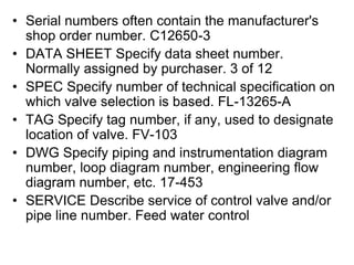 • Serial numbers often contain the manufacturer's
shop order number. C12650-3
• DATA SHEET Specify data sheet number.
Normally assigned by purchaser. 3 of 12
• SPEC Specify number of technical specification on
which valve selection is based. FL-13265-A
• TAG Specify tag number, if any, used to designate
location of valve. FV-103
• DWG Specify piping and instrumentation diagram
number, loop diagram number, engineering flow
diagram number, etc. 17-453
• SERVICE Describe service of control valve and/or
pipe line number. Feed water control
 