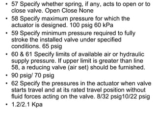 • 57 Specify whether spring, if any, acts to open or to
close valve. Open Close None
• 58 Specify maximum pressure for which the
actuator is designed. 100 psig 60 kPa
• 59 Specify minimum pressure required to fully
stroke the installed valve under specified
conditions. 65 psig
• 60 & 61 Specify limits of available air or hydraulic
supply pressure. If upper limit is greater than line
58, a reducing valve (air set) should be furnished.
• 90 psig/ 70 psig
• 62 Specify the pressures in the actuator when valve
starts travel and at its rated travel position without
fluid forces acting on the valve. 8/32 psig10/22 psig
• 1.2/2.1 Kpa
 