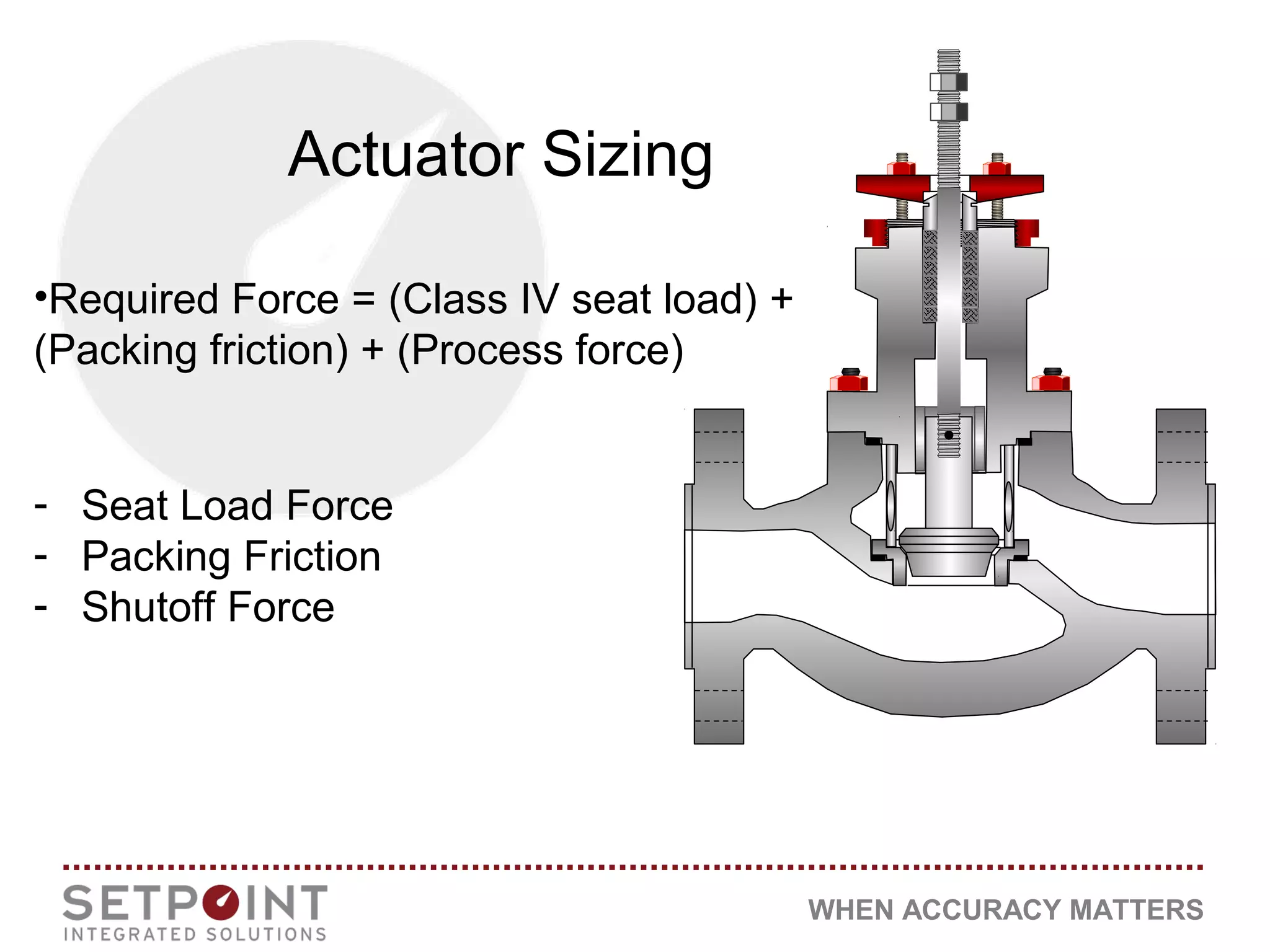 WHEN ACCURACY MATTERS
•Required Force = (Class IV seat load) +
(Packing friction) + (Process force)
Actuator Sizing
- Seat Load Force
- Packing Friction
- Shutoff Force
 