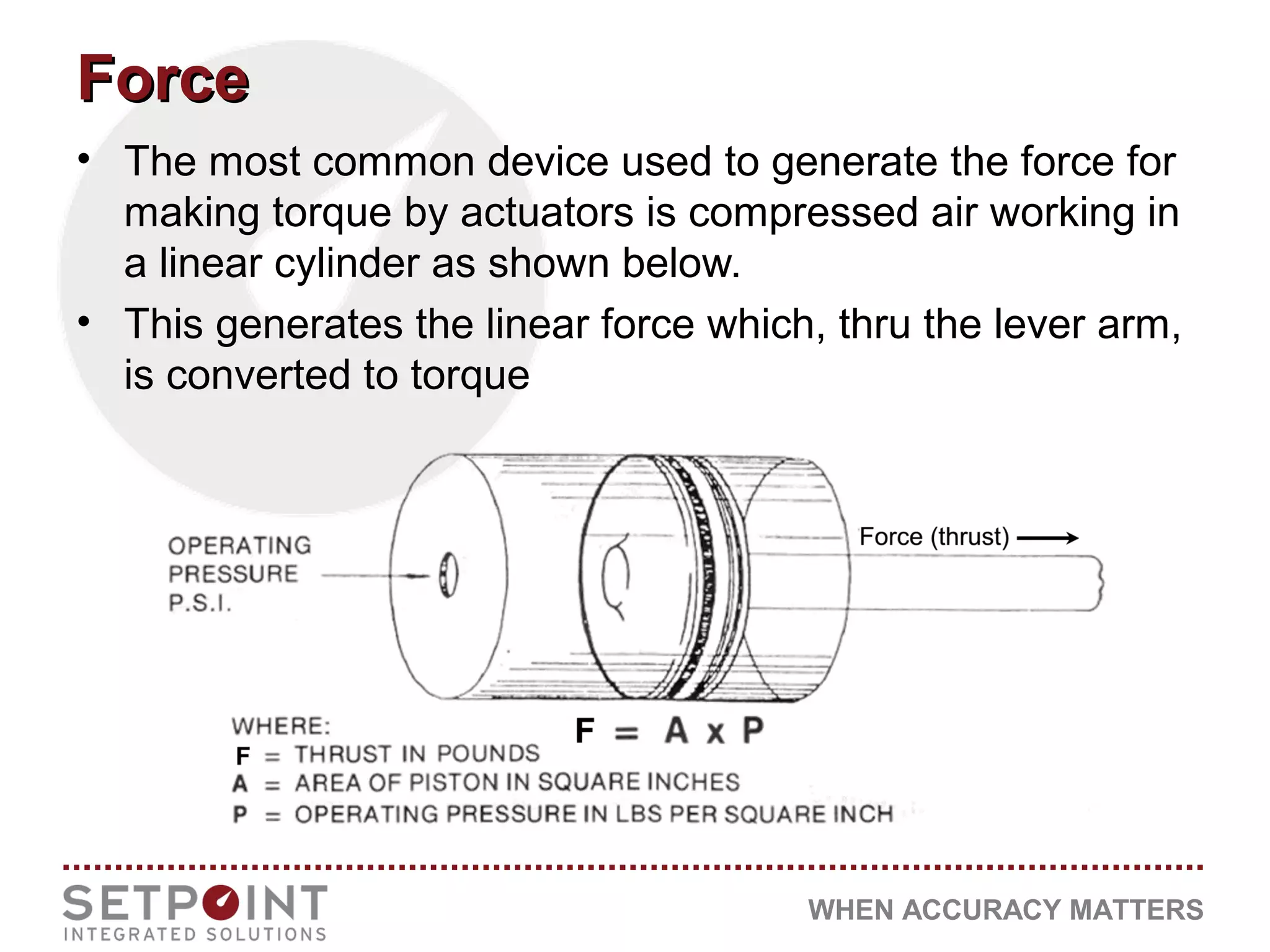 WHEN ACCURACY MATTERS
ForceForce
• The most common device used to generate the force for
making torque by actuators is compressed air working in
a linear cylinder as shown below.
• This generates the linear force which, thru the lever arm,
is converted to torque
 