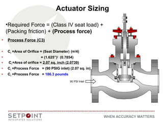 WHEN ACCURACY MATTERS
•Required Force = (Class IV seat load) +
(Packing friction) + (Process force)
• Process Force (C3)
• C3 =Area of Orifice = (Seat Diameter) (π/4)
• = (1.625”)2
(0.7854)
• C3 =Area of orifice = 2.07 sq. inch (2.0739)
• C3 =Process Force = (90 PSIG inlet) (2.07 sq. in)
• C3 =Process Force = 186.3 pounds
90 PSI Inlet
Actuator Sizing
 