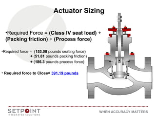 WHEN ACCURACY MATTERS
•Required Force = (Class IV seat load) +
(Packing friction) + (Process force)
•Required force = (153.08 pounds seating force)
+ (51.81 pounds packing friction)
+ (186.3 pounds process force)
• Required force to Close= 391.19 pounds
Actuator Sizing
 
