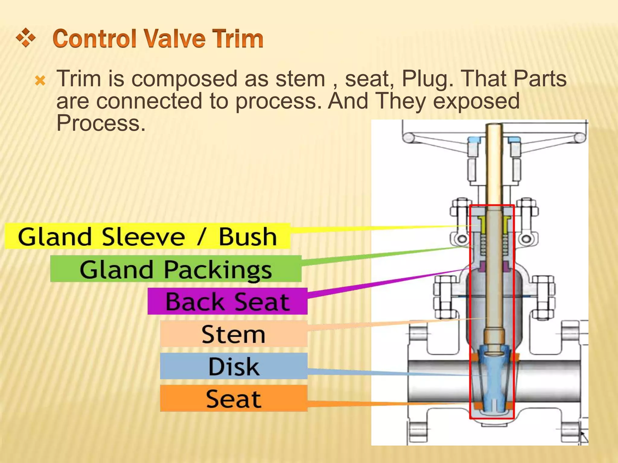  Trim is composed as stem , seat, Plug. That Parts
are connected to process. And They exposed
Process.
 