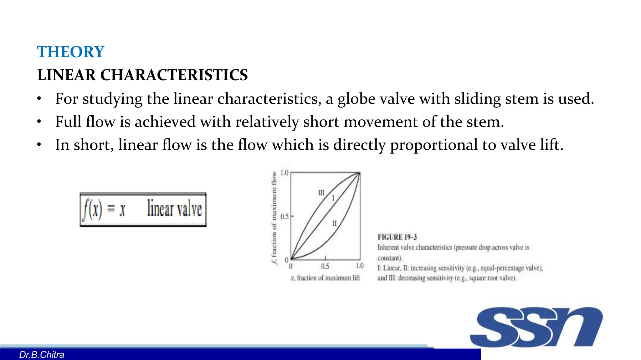 THEORY
LINEAR CHARACTERISTICS
• For studying the linear characteristics, a globe valve with sliding stem is used.
• Full flow is achieved with relatively short movement of the stem.
• In short, linear flow is the flow which is directly proportional to valve lift.
Dr.B.Chitra
 