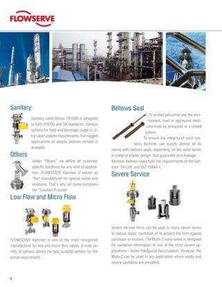 ®
Sanitary
Sanitary valve Series 191000 is designed
to fulfil EHEDG and 3A standards. Various
options for food and beverage usage to ul-
tra-clean aseptic requirements. For rugged
applications an aseptic bellows version is
available.
Others
Under “Others” we define all customer
specific solutions for any kind of applica-
tion. FLOWSERVE Kämmer is known as
“the” manufacturer for special valves and
solutions. That’s why we name ourselves
the “Solution Provider”
Low Flow and Micro Flow
FLOWSERVE Kämmer is one of the most recognized
manufacturer for low and micro flow valves. A wide va-
riety of options allows the best suitable version for the
actual requirement.
Bellows Seal
To protect personnel and the envi-
ronment, toxic or aggressive medi-
ums must be processed in a closed
system.
To ensure the integrity of such sys-
tems Kämmer can supply almost all its
valves with bellows seals, depending on the valve series
in metal or plastic design, that guarantee zero leakage.
Kämmer bellows seals fulfil the requirements of the Ger-
man TA-Luft and ISO 15848-1.
Severe Service
Severe Service trims can be used in many valves series
to reduce noise, cavitation or to protect the trim against
corrosion or erosion. The Multi-Z valve series is designed
for cavitation elimination in one of the most severe ap-
plications – Boiler Feedpump Recirculation. However, the
Multi-Z can be used in any application where solids and
severe cavitation are prevalent.
 