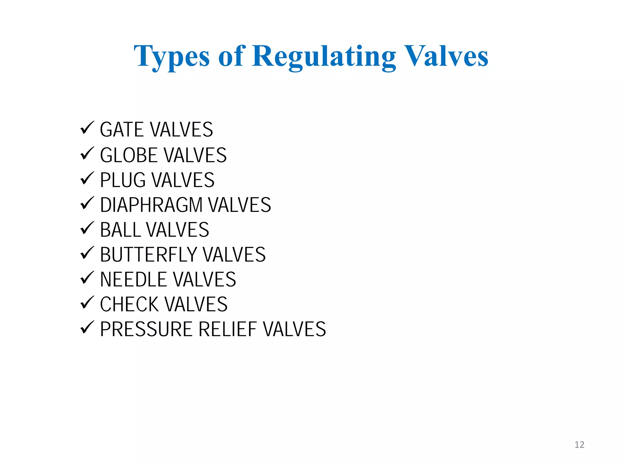 Types of Regulating Valves
 GATE VALVES
 GLOBE VALVES
 PLUG VALVES
 DIAPHRAGM VALVES
 BALL VALVES
 BUTTERFLY VALVES
 NEEDLE VALVES
 CHECK VALVES
 PRESSURE RELIEF VALVES
12
 