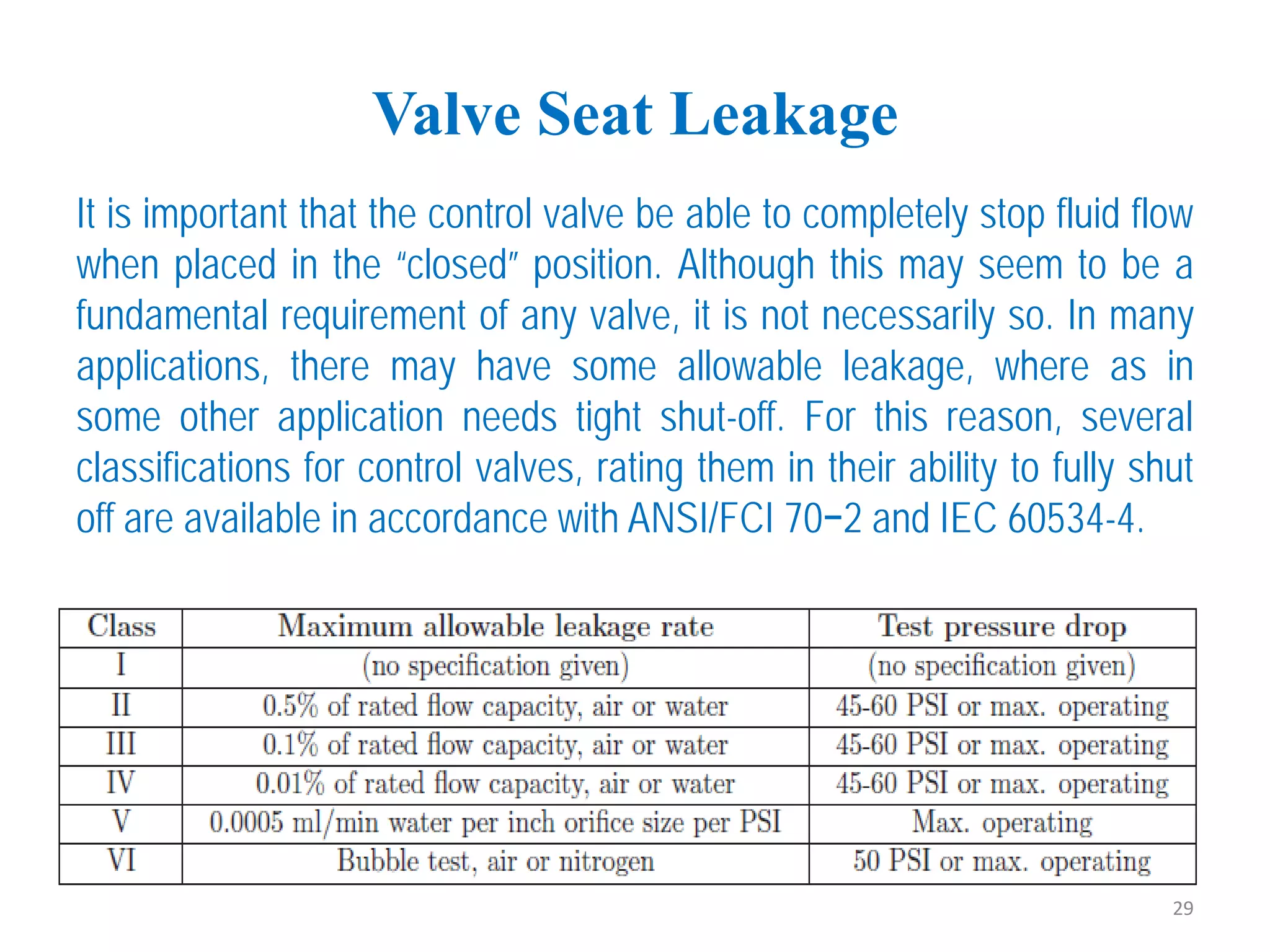 Valve Seat Leakage
It is important that the control valve be able to completely stop fluid flow
when placed in the “closed” position. Although this may seem to be a
fundamental requirement of any valve, it is not necessarily so. In many
applications, there may have some allowable leakage, where as in
some other application needs tight shut-off. For this reason, several
classifications for control valves, rating them in their ability to fully shut
off are available in accordance with ANSI/FCI 70−2 and IEC 60534-4.
29
 