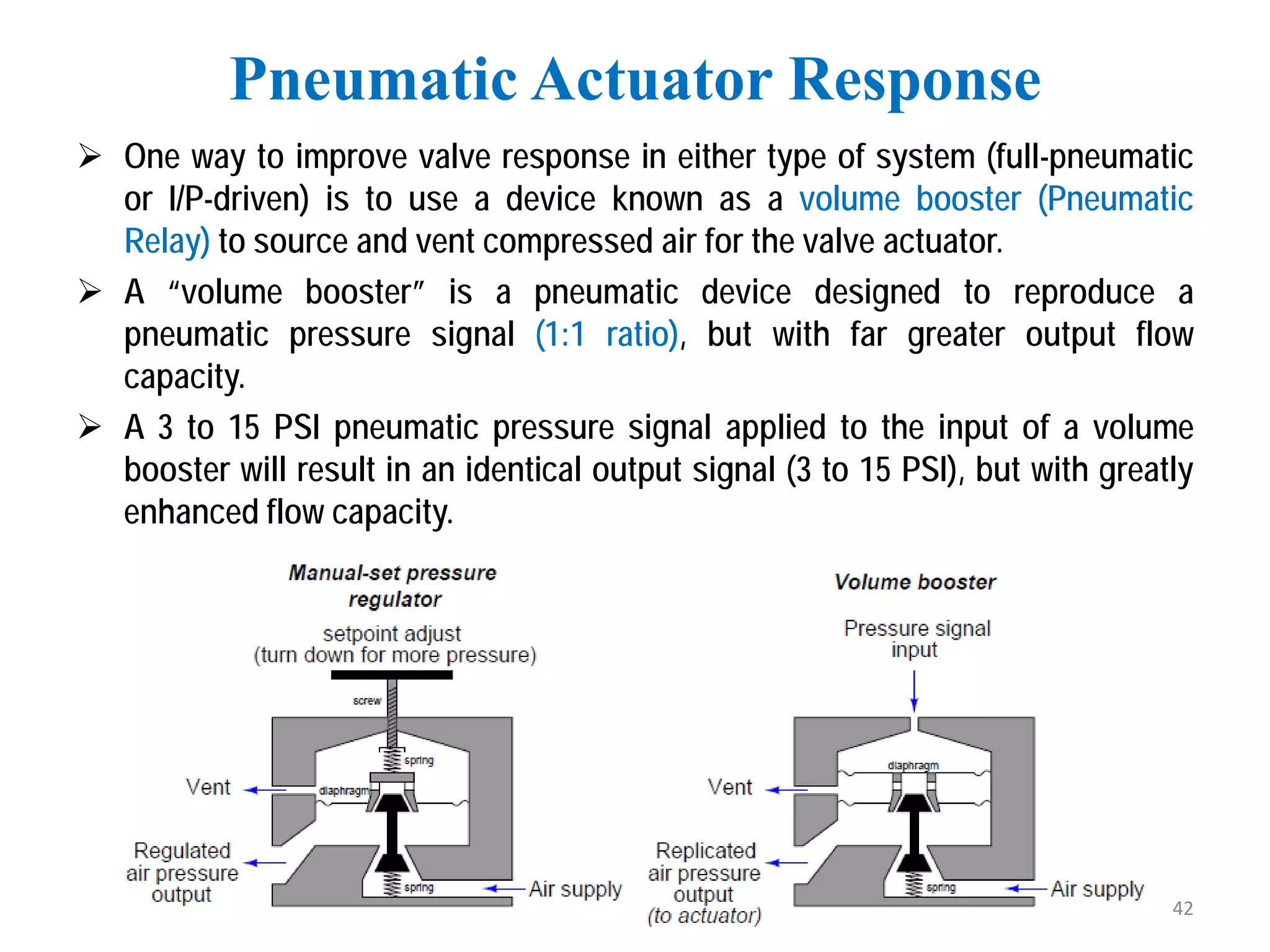  One way to improve valve response in either type of system (full-pneumatic
or I/P-driven) is to use a device known as a volume booster (Pneumatic
Relay) to source and vent compressed air for the valve actuator.
 A “volume booster” is a pneumatic device designed to reproduce a
pneumatic pressure signal (1:1 ratio), but with far greater output flow
capacity.
 A 3 to 15 PSI pneumatic pressure signal applied to the input of a volume
booster will result in an identical output signal (3 to 15 PSI), but with greatly
enhanced flow capacity.
Pneumatic Actuator Response
42
 