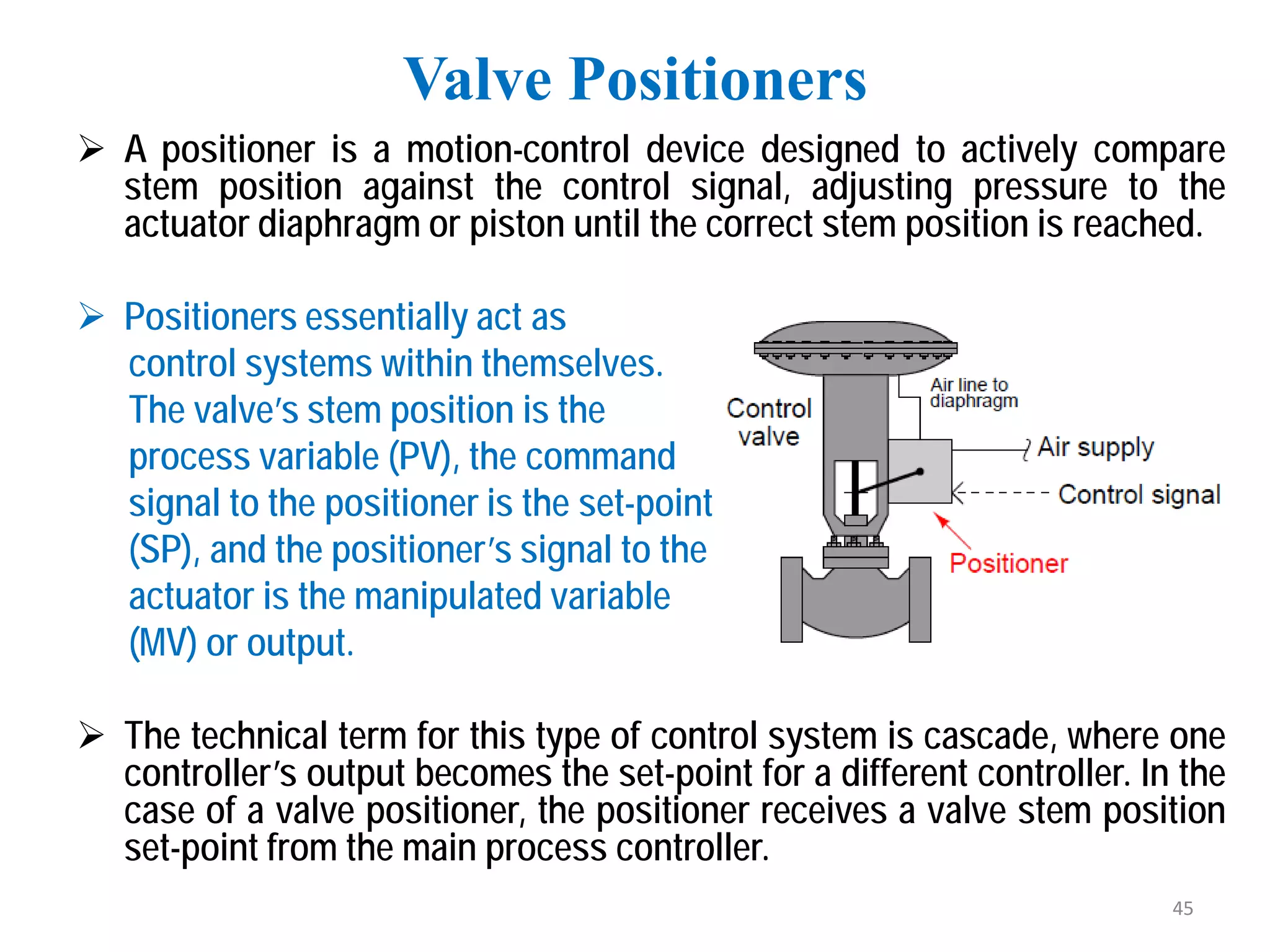  A positioner is a motion-control device designed to actively compare
stem position against the control signal, adjusting pressure to the
actuator diaphragm or piston until the correct stem position is reached.
 Positioners essentially act as
control systems within themselves.
The valve’s stem position is the
process variable (PV), the command
signal to the positioner is the set-point
(SP), and the positioner’s signal to the valve
actuator is the manipulated variable
(MV) or output.
 The technical term for this type of control system is cascade, where one
controller’s output becomes the set-point for a different controller. In the
case of a valve positioner, the positioner receives a valve stem position
set-point from the main process controller.
Valve Positioners
45
 