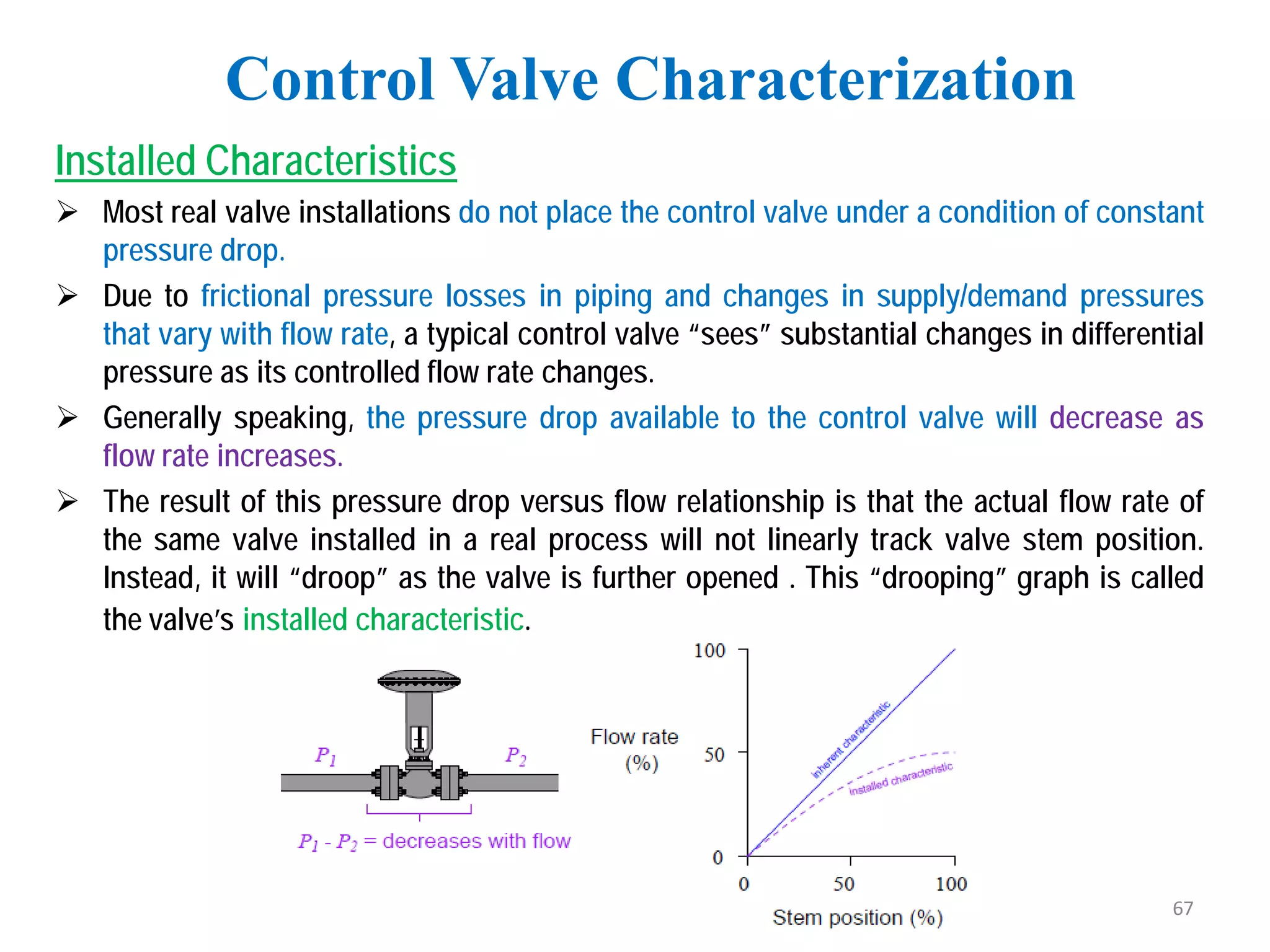 Installed Characteristics
 Most real valve installations do not place the control valve under a condition of constant
pressure drop.
 Due to frictional pressure losses in piping and changes in supply/demand pressures
that vary with flow rate, a typical control valve “sees” substantial changes in differential
pressure as its controlled flow rate changes.
 Generally speaking, the pressure drop available to the control valve will decrease as
flow rate increases.
 The result of this pressure drop versus flow relationship is that the actual flow rate of
the same valve installed in a real process will not linearly track valve stem position.
Instead, it will “droop” as the valve is further opened . This “drooping” graph is called
the valve’s installed characteristic.
Control Valve Characterization
67
 