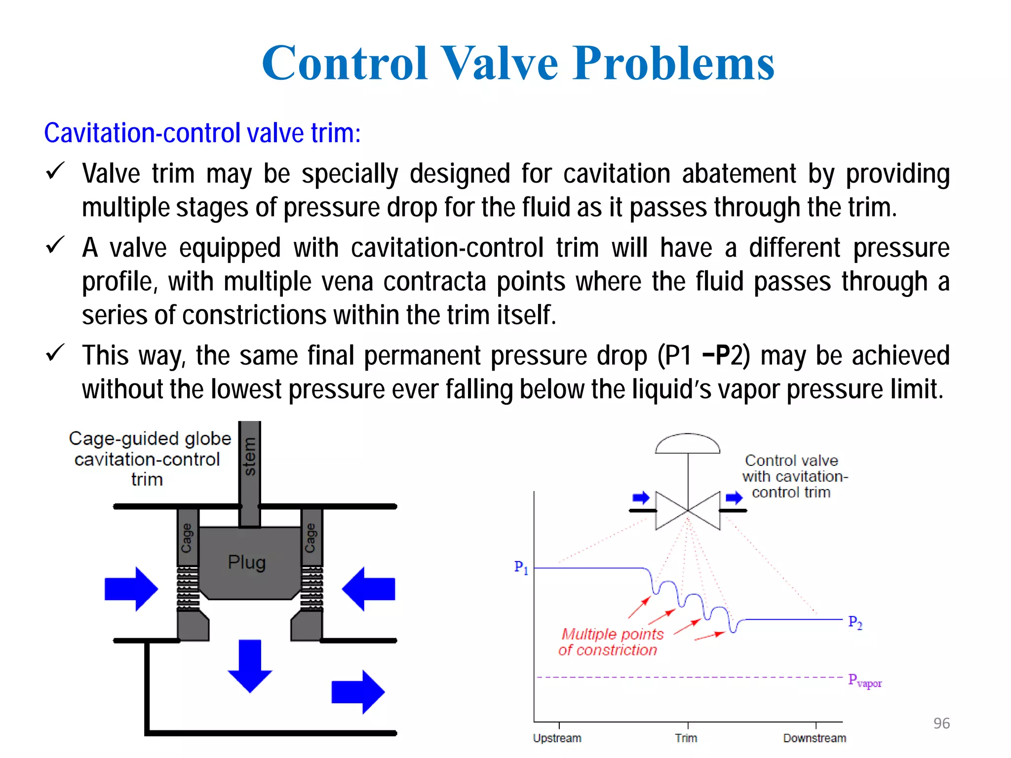 Cavitation-control valve trim:
 Valve trim may be specially designed for cavitation abatement by providing
multiple stages of pressure drop for the fluid as it passes through the trim.
 A valve equipped with cavitation-control trim will have a different pressure
profile, with multiple vena contracta points where the fluid passes through a
series of constrictions within the trim itself.
 This way, the same final permanent pressure drop (P1 −P2) may be achieved
without the lowest pressure ever falling below the liquid’s vapor pressure limit.
Control Valve Problems
96
 