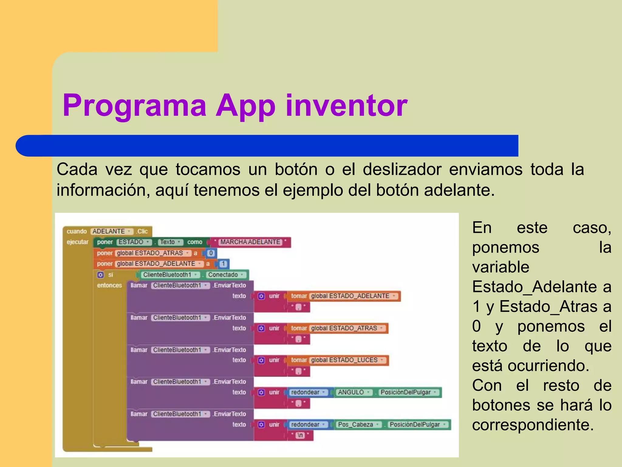 Programa App inventor
Cada vez que tocamos un botón o el deslizador enviamos toda la
información, aquí tenemos el ejemplo del botón adelante.
En este caso,
ponemos la
variable
Estado_Adelante a
1 y Estado_Atras a
0 y ponemos el
texto de lo que
está ocurriendo.
Con el resto de
botones se hará lo
correspondiente.
 