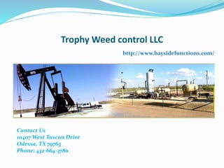 Trophy Weed control LLC
http://www.baysidefunctions.com/
Contact Us
10407 West Tuscon Drive
Odessa, TX 79763
Phone: 432-664-3780
 