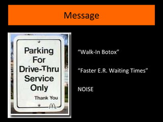 Message “ Walk-In Botox” “ Faster E.R. Waiting Times” NOISE 