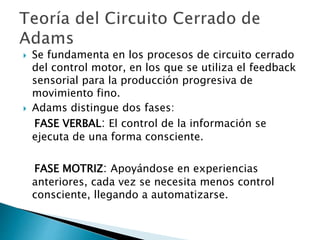  Se fundamenta en los procesos de circuito cerrado
del control motor, en los que se utiliza el feedback
sensorial para la producción progresiva de
movimiento fino.
 Adams distingue dos fases:
FASE VERBAL: El control de la información se
ejecuta de una forma consciente.
FASE MOTRIZ: Apoyándose en experiencias
anteriores, cada vez se necesita menos control
consciente, llegando a automatizarse.
 