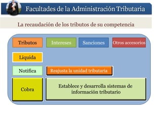 La recaudación de los tributos de su competencia


Tributos     Intereses       Sanciones       Otros accesorios


Liquida

Notifica     Reajusta la unidad tributaria


                 Establece y desarrolla sistemas de
 Cobra
                      información tributario
 