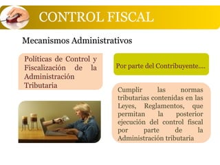 CONTROL FISCAL
Mecanismos Administrativos

Políticas de Control y
Fiscalización de la      Por parte del Contribuyente....
Administración
Tributaria
                         Cumplir       las    normas
                         tributarias contenidas en las
                         Leyes, Reglamentos, que
                         permitan      la    posterior
                         ejecución del control fiscal
                         por      parte     de      la
                         Administración tributaria
 