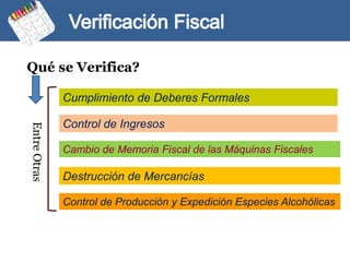 Qué se Verifica?

              Cumplimiento de Deberes Formales

              Control de Ingresos
Entre Otras




              Cambio de Memoria Fiscal de las Máquinas Fiscales

              Destrucción de Mercancías

              Control de Producción y Expedición Especies Alcohólicas
 